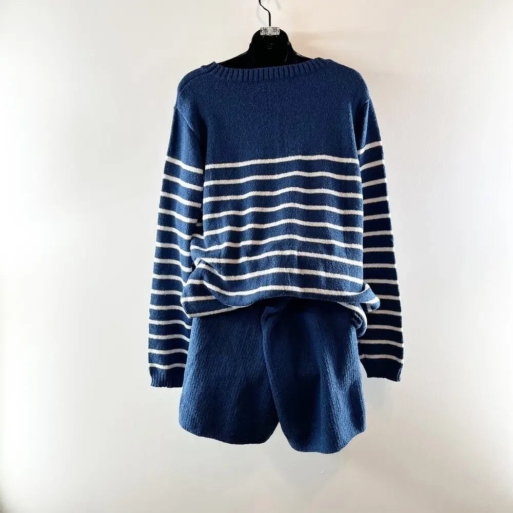 MeroKeety Striped Long Sleeve Crewneck Sweater and Shorts Matching Set Blue XL